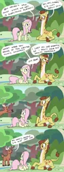 Size: 2700x7200 | Tagged: safe, artist:docwario, derpibooru import, clementine, fluttershy, oc, oc:gerald, deer, giraffe, pegasus, pony, fluttershy leans in, absurd resolution, comic, dialogue, female, male, mare, prancing, prone, shy, speech bubble, stag