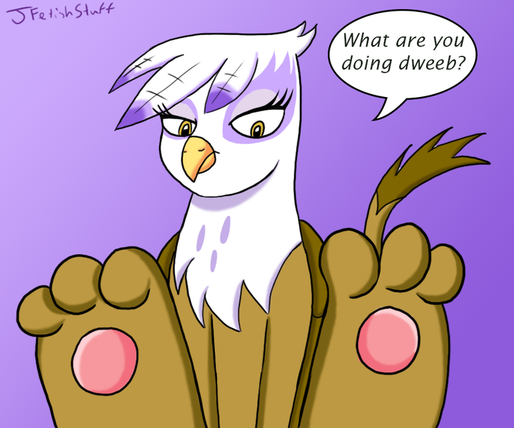 Size: 900x750 | Tagged: suggestive, artist:jfetishstuff, derpibooru import, gilda, gryphon, feet, fetish, foot fetish, foot focus, paw fetish, paws, purple background, simple background, solo, speech, speech bubble, underpaw