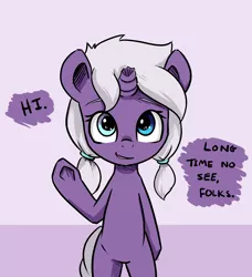 Size: 1280x1403 | Tagged: safe, artist:artguydis, derpibooru import, oc, oc:disastral, unofficial characters only, pony, unicorn, askdisastral, bipedal, broken horn, dialogue, female, looking at you, mare, pigtails, solo, underhoof