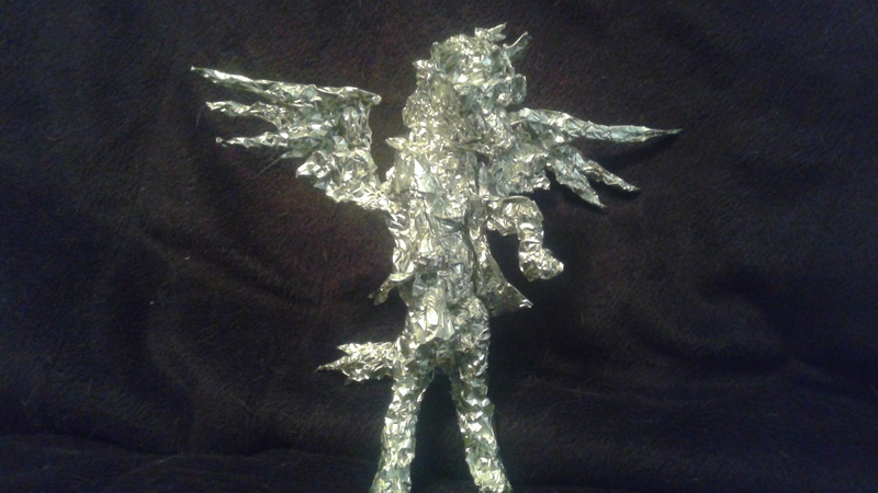 Size: 2560x1440 | Tagged: safe, artist:thefoilguy, derpibooru import, oc, oc:toffee scotch, unofficial characters only, pegasus, pony, aluminum, foil, irl, metal, photo, request, sculpture, traditional art