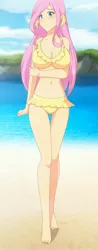 Size: 1280x3279 | Tagged: adorasexy, anime, artist:deannart, artist:jonfawkes, attached skirt, barefoot, beach, beautiful, belly button, big breasts, bikini, blushing, breasts, busty fluttershy, cleavage, clothes, cropped, cute, derpibooru import, edit, edited edit, edit of an edit of an edit, feet, female, fluttershy, frilled swimsuit, human, humanized, looking at you, ocean, sexy, solo, solo female, suggestive, swimsuit, thigh gap, wing ears, yellow swimsuit