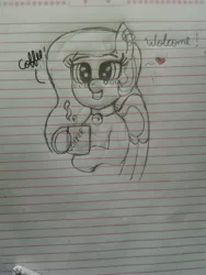 Size: 1932x2576 | Tagged: safe, artist:kellysans, derpibooru import, oc, unofficial characters only, pegasus, pony, bell, bell collar, coffee, coffee mug, collar, ear piercing, heart, lined paper, mug, piercing, solo, traditional art, welcome