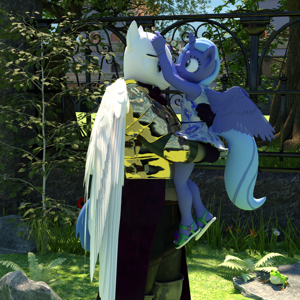 Size: 1500x1500 | Tagged: safe, artist:tahublade7, derpibooru import, princess luna, oc, oc:goldshine, alicorn, anthro, pegasus, plantigrade anthro, 3d, armor, carrying, clothes, cute, daz studio, dress, female, floral head wreath, flower, gloves, image, lunabetes, male, medal, png, royal guard, sandals, story included, sundress, toes, woona, younger