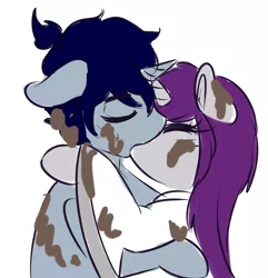 Size: 3059x3176 | Tagged: safe, artist:wickedsilly, derpibooru import, oc, oc:sleepy head, oc:wicked silly, unofficial characters only, pony, unicorn, ashi, couple, dirty, eyes closed, female, kissing, male, mare, mud, oc x oc, ponysona, reference, samurai jack, shipping, simple background, stallion, straight, wickedsleepy
