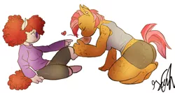 Size: 1280x679 | Tagged: safe, artist:shellielle, derpibooru import, babs seed, twist, anthro, earth pony, unguligrade anthro, babstwist, breasts, clothes, comforting, female, fetish, freckles, glasses, heart, hoof fetish, kissing, lesbian, mare, shipping