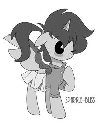 Size: 1024x1280 | Tagged: safe, artist:sparkle-bliss, derpibooru import, oc, oc:frost d. tart, unofficial characters only, alicorn, pony, alicorn oc, black and white cartoon, clothes, commission, crossdressing, cute, dress, grayscale, monochrome, ocbetes, old timey, one eye closed, pacman eyes, ponytail, school uniform, schoolgirl, simple background, skirt, solo, style emulation, transparent background, wink