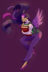 Size: 674x1000 | Tagged: alicorn, artist:enfant-des-reves, book, clothes, dark skin, derpibooru import, human, humanized, jeans, pants, safe, simple background, smiling, solo, sweater vest, twilight sparkle, twilight sparkle (alicorn), winged humanization, wings