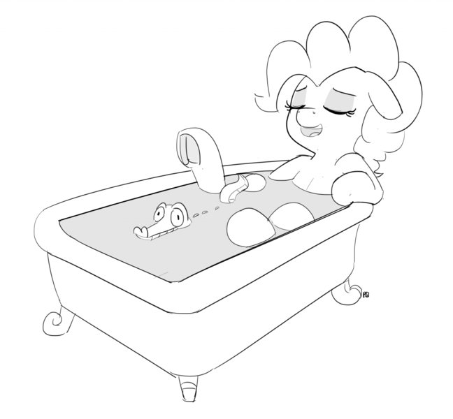 Size: 1280x1185 | Tagged: 30 minute art challenge, artist:pabbley, bath, bathtb, bathtub, claw foot bathtub, derpibooru import, eyes closed, gummy, monochrome, pinkie pie, relaxing, safe, smiling, tub