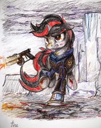 Size: 1482x1871 | Tagged: semi-grimdark, artist:thefloatingtree, derpibooru import, oc, oc:blackjack, unofficial characters only, pony, unicorn, fallout equestria, blood, clothes, female, floppy ears, gritted teeth, gun, mare, serious, serious face, solo, traditional art, weapon