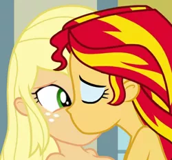 Size: 438x406 | Tagged: suggestive, derpibooru import, applejack, sunset shimmer, equestria girls, appleshimmer, breasts, clothes, female, implied sex, kissing, lesbian, nudity, partial nudity, shipping, show accurate, topless, wip