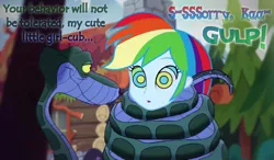 Size: 1300x760 | Tagged: safe, artist:snakeythingy, derpibooru import, rainbow dash, snake, equestria girls, legend of everfree, camping, choking, coils, crossover, dialogue, kaa, kaa eyes, manip, mind control, peril, story included, swirly eyes, the jungle book