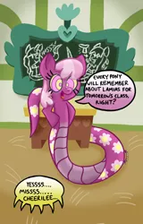 Size: 750x1170 | Tagged: safe, artist:snakeythingy, derpibooru import, cheerilee, oc, oc:cora, oc:ruby, lamia, original species, snake pony, chalkboard, dialogue, hypnosis, kaa eyes, offscreen character, school house, solo, species swap, spiral, story included, swirly eyes