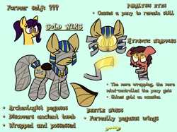 Size: 1028x768 | Tagged: safe, artist:snakeythingy, derpibooru import, oc, oc:gold wing, unofficial characters only, beetle, pony, backstory, blindfold, hypnosis, hypnotized, mummification, mummy, possessed, slit eyes, story included, swirly eyes, wrapped up, wrapping