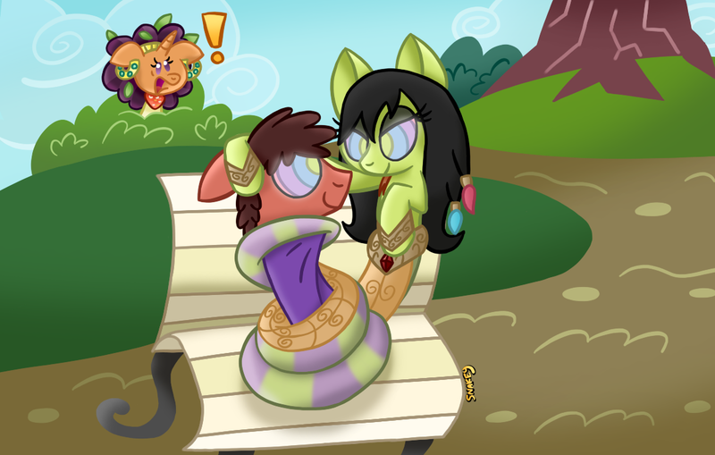 Size: 1170x745 | Tagged: safe, artist:snakeythingy, derpibooru import, saffron masala, oc, oc:cora, oc:sketchy dupe, lamia, original species, snake pony, blanket, bush, coils, dupala, exclamation point, hypnosis, jealous, kaa eyes, park bench, request, sitting, story included, swirly eyes