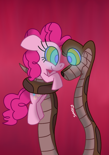 Size: 700x1000 | Tagged: safe, artist:snakeythingy, derpibooru import, pinkie pie, pony, snake, coiling, coils, crossover, happy, kaa, kaa eyes, mind control, peril, swirly eyes, the jungle book