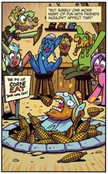 Size: 647x1041 | Tagged: safe, artist:brendahickey, derpibooru import, idw, cocoa axe, rockhoof, earth pony, pony, legends of magic, spoiler:comic, spoiler:comiclom2, bartender, corn, eating, food, gluttony, mighty helm, pit of corn, this will end in weight gain