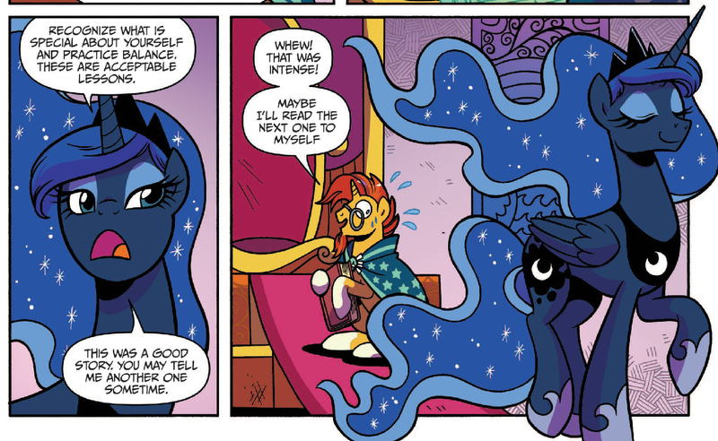 Size: 1354x832 | Tagged: safe, artist:brendahickey, derpibooru import, idw, princess luna, sunburst, alicorn, pony, unicorn, legends of magic, spoiler:comic, spoiler:comiclom2, book, comic, duo, ethereal mane, eyes closed, female, male, mare, official comic, speech bubble, stallion, starry mane