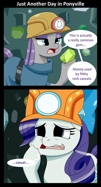 Size: 1000x1846 | Tagged: safe, artist:sonikku001, derpibooru import, maud pie, rarity, pony, rock solid friendship, comic, filthy casual, helmet, mining helmet, squishy cheeks