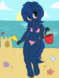 Size: 3359x4411 | Tagged: safe, artist:wickedsilly, derpibooru import, oc, oc:starlight blossom, unofficial characters only, anthro, starfish, unguligrade anthro, unicorn, absurd resolution, beach, belly button, bikini, bikini bottom, bikini top, blushing, bucket, clothes, cloud, cute, ear fluff, female, image, looking at you, midriff, ocean, png, sandcastle, shell, shovel, sky, solo, swimsuit