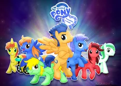 Size: 1600x1131 | Tagged: safe, artist:jucamovi1992, derpibooru import, flash sentry, oc, oc:speed wave, earth pony, pegasus, pony, unicorn, colt, group, male, stallion, vector, wheelchair