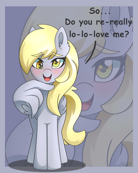 Size: 1600x2000 | Tagged: safe, artist:ciderpunk, derpibooru import, derpy hooves, pegasus, pony, blushing, female, mare, solo, stuttering, wing hands, zoom layer