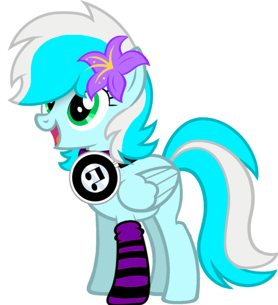 Size: 1280x1401 | Tagged: safe, artist:fletcherthehuntress, derpibooru import, oc, oc:cloudsky, unofficial characters only, pegasus, pony, clothes, female, flower, flower in hair, headphones, mare, simple background, socks, solo, striped socks, transparent background