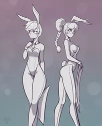 Size: 1280x1565 | Tagged: suggestive, artist:scorpdk, derpibooru import, scootaloo, silver spoon, human, adorasexy, breasts, bunny ears, bunny suit, clothes, cute, cutealoo, duo, duo female, female, glasses, humanized, image, jpeg, leotard, monochrome, older, older scootaloo, older silver spoon, pantyhose, playboy bunny scootaloo, playboy bunny silver spoon, sexy, sideass, sideboob, silverbetes, smiling, thong leotard, wide hips