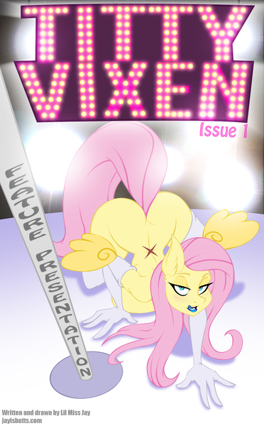 Size: 1000x1612 | Tagged: questionable, artist:lil miss jay, derpibooru import, fluttershy, anthro, pegasus, all fours, ass, ass up, bedroom eyes, bimbo, blue lipstick, blushing, breasts, busty fluttershy, clothes, comic, cover art, evening gloves, female, floating wings, four fingers, gloves, lidded eyes, lipstick, long gloves, looking at you, makeup, mare, nudity, sluttershy, solo, solo female, stockings, stripper, stripper pole, text, thigh highs, titty vixen, tongue out