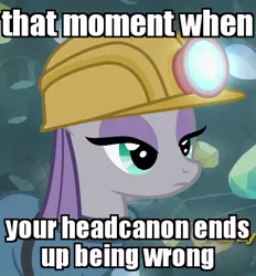 Size: 427x461 | Tagged: safe, derpibooru import, edit, edited screencap, screencap, maud pie, pony, rock solid friendship, cropped, discovery family logo, hard hat, hat, helmet, image macro, meme, mining helmet, solo