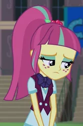 Size: 409x618 | Tagged: safe, derpibooru import, screencap, sour sweet, equestria girls, friendship games, bowtie, canterlot high, clothes, cropped, crystal prep academy uniform, freckles, sad, school uniform, solo