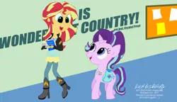 Size: 2306x1328 | Tagged: safe, artist:newportmuse, derpibooru import, derpy hooves, starlight glimmer, sunset shimmer, pony, unicorn, equestria girls, spoiler:eqg specials, bag, book, boots, clothes, cute, female, high heel boots, hilarious in hindsight, human ponidox, jacket, leather jacket, looking at each other, mare, raised leg, self ponidox, signature, unsportsmanlike