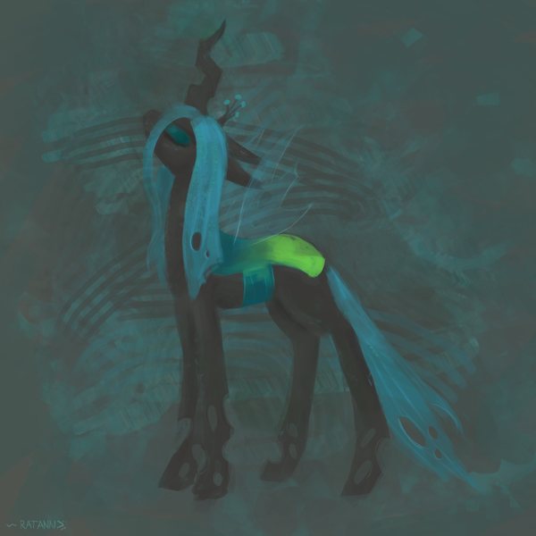 Size: 2143x2143 | Tagged: safe, artist:ratann, derpibooru import, queen chrysalis, changeling, changeling queen, abstract background, eyes closed, female, high res, solo