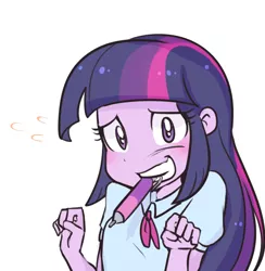 Size: 750x768 | Tagged: safe, artist:haden-2375, derpibooru import, twilight sparkle, equestria girls, clothes, cute, looking at you, mouth drawing, mouth hold, pen, simple background, smiling, twiabetes