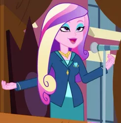 Size: 519x527 | Tagged: safe, derpibooru import, screencap, princess cadance, equestria girls, friendship games, cropped, dean cadance, lidded eyes, microphone, solo