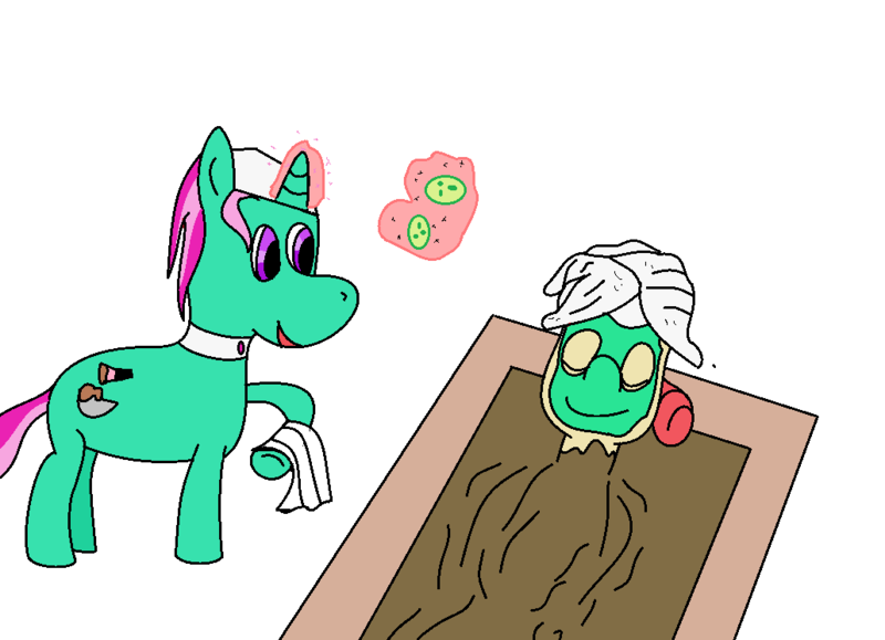 Size: 1030x746 | Tagged: safe, artist:amateur-draw, derpibooru import, oc, oc:belle boue, unofficial characters only, pony, cucumber, food, ms paint, mud, mud bath, mud mask, spa, towel