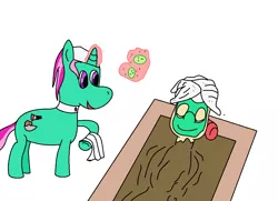 Size: 1030x746 | Tagged: safe, artist:amateur-draw, derpibooru import, oc, oc:belle boue, unofficial characters only, pony, cucumber, food, ms paint, mud, mud bath, mud mask, spa, towel