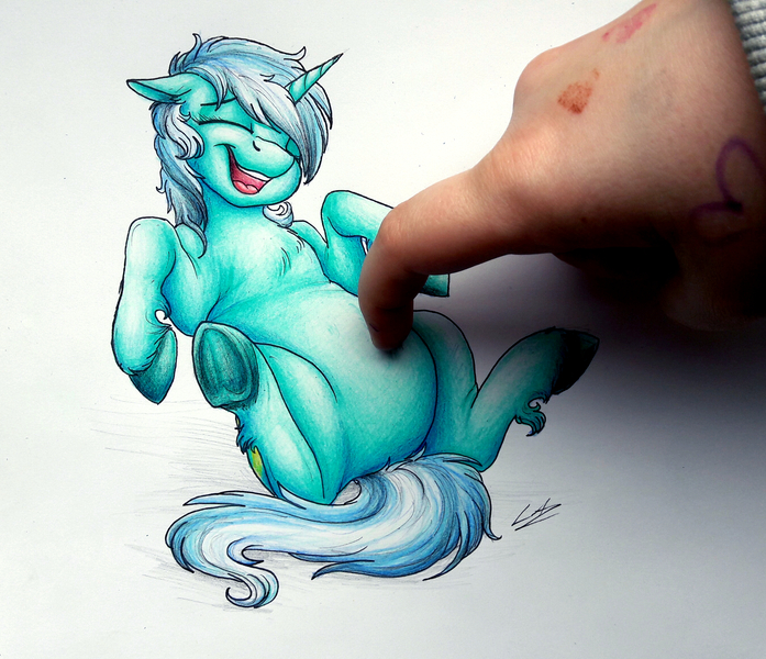 Size: 2698x2322 | Tagged: safe, artist:lupiarts, derpibooru import, lyra heartstrings, human, pony, unicorn, belly, breaking the fourth wall, chubby, cute, female, hand, interactive, laughing, lying down, mare, on back, plump, simple background, tickling, traditional art, underhoof