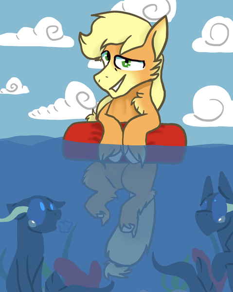 Size: 2104x2634 | Tagged: safe, artist:ashleybances, derpibooru import, applejack, oc, merpony, pony, cloud, high res, inner tube, water