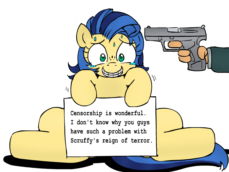 Size: 800x600 | Tagged: semi-grimdark, artist:certificate, artist:p.chronos, derpibooru import, oc, oc:milky way, unofficial characters only, human, pony, /mlp/, at gun point, at gunpoint, censorship, covering, female, grin, gun, handgun, looking at you, mare, nervous, offscreen character, pistol, scared, scruffy, sign, simple background, sitting, smiling, strategically covered, sweat, the scruffening, walther p99, weapon, white background