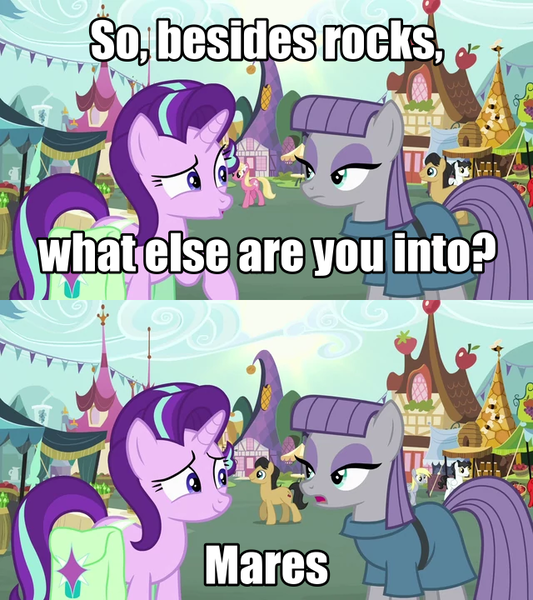 Size: 640x720 | Tagged: safe, derpibooru import, edit, edited screencap, screencap, maud pie, starlight glimmer, pony, rock solid friendship, female, image macro, lesbian, meme, shipping, starmaud