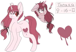 Size: 3000x2048 | Tagged: semi-grimdark, artist:cinnamontee, derpibooru import, oc, oc:tanaka, unofficial characters only, pony, unicorn, blood, female, high res, knife, mare, one eye closed, reference sheet, shrunken pupils, solo, wink