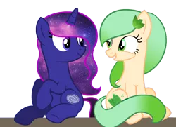 Size: 1500x1087 | Tagged: safe, artist:duyguusss, derpibooru import, oc, oc:galaxy, oc:minty wind, unofficial characters only, earth pony, pony, unicorn, base used, female, galaxy mane, mare, sitting, smiling
