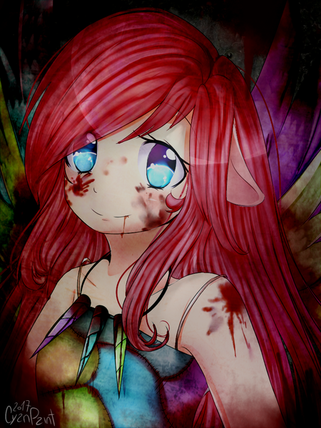 Size: 768x1024 | Tagged: artist:wolfchen999, blood, clothes, colored pupils, derpibooru import, eared humanization, fanfic:cupcakes, female, floppy ears, grimdark, human, humanized, looking at you, pinkamena diane pie, pinkie pie, smiling