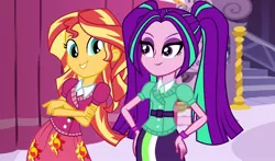 Size: 1166x686 | Tagged: safe, artist:ktd1993, derpibooru import, aria blaze, sunset shimmer, equestria girls, bracelet, carousel boutique, crossed arms, female, hand on hip, jewelry, lesbian, new outfit, school spirit, shipping, stairs, sun, sunblaze