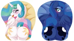 Size: 2945x1635 | Tagged: suggestive, artist:pearlyiridescence, derpibooru import, princess celestia, princess luna, alicorn, pony, ass, bed, bedroom eyes, blushing, dock, face down ass up, female, looking at you, looking back, mare, moonbutt, mousepad, mousepad for the fearless, open mouth, oppai mousepad, plot, praise the moon, praise the sun, prone, raised tail, smiling, spread wings, sunbutt, tail, the ass was fat, tongue out, wings