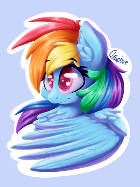 Size: 1831x2436 | Tagged: safe, artist:graphene, derpibooru import, rainbow dash, pegasus, pony, bust, colored pupils, cute, dashabetes, female, mare, multicolored hair, signature, smiling, solo