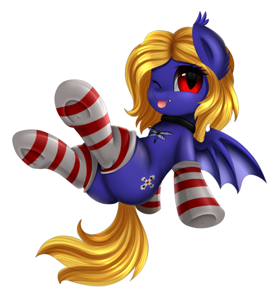 Size: 2550x2850 | Tagged: safe, artist:pridark, derpibooru import, oc, oc:butter cream, unofficial characters only, bat pony, pony, clothes, commission, cute, fangs, female, looking at you, mare, ocbetes, one eye closed, plot, red eyes, simple background, slit eyes, smiling, socks, solo, stockings, striped socks, thigh highs, transparent background, wink, ych result