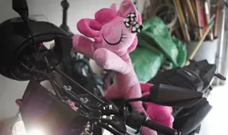 Size: 4582x2726 | Tagged: safe, artist:qxangelxp, derpibooru import, pinkie pie, pony, absurd resolution, eyes closed, high res, irl, motorcycle, photo, plushie, solo