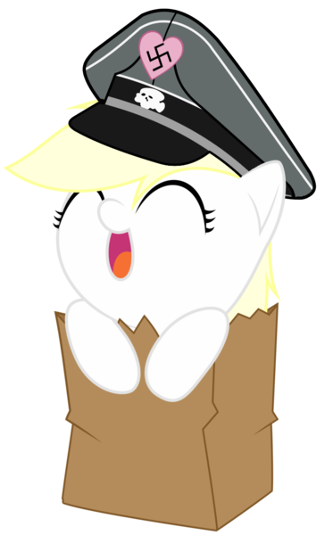 Size: 733x1178 | Tagged: safe, artist:anonymous, artist:tateyfairrain, derpibooru import, edit, oc, oc:aryanne, unofficial characters only, pony, baby, baby pony, cute, foal, happy, hat, heart, nazi, paper, paper bag, pony in a bag, simple background, solo, swastika, totenkopf, transparent background, vector