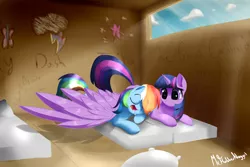 Size: 3000x2000 | Tagged: safe, artist:a8f12, derpibooru import, rainbow dash, twilight sparkle, twilight sparkle (alicorn), alicorn, pony, bed, cardboard box, caress, cover, covering, cute, female, lesbian, mare, shipping, spread wings, twidash, wing blanket, wings